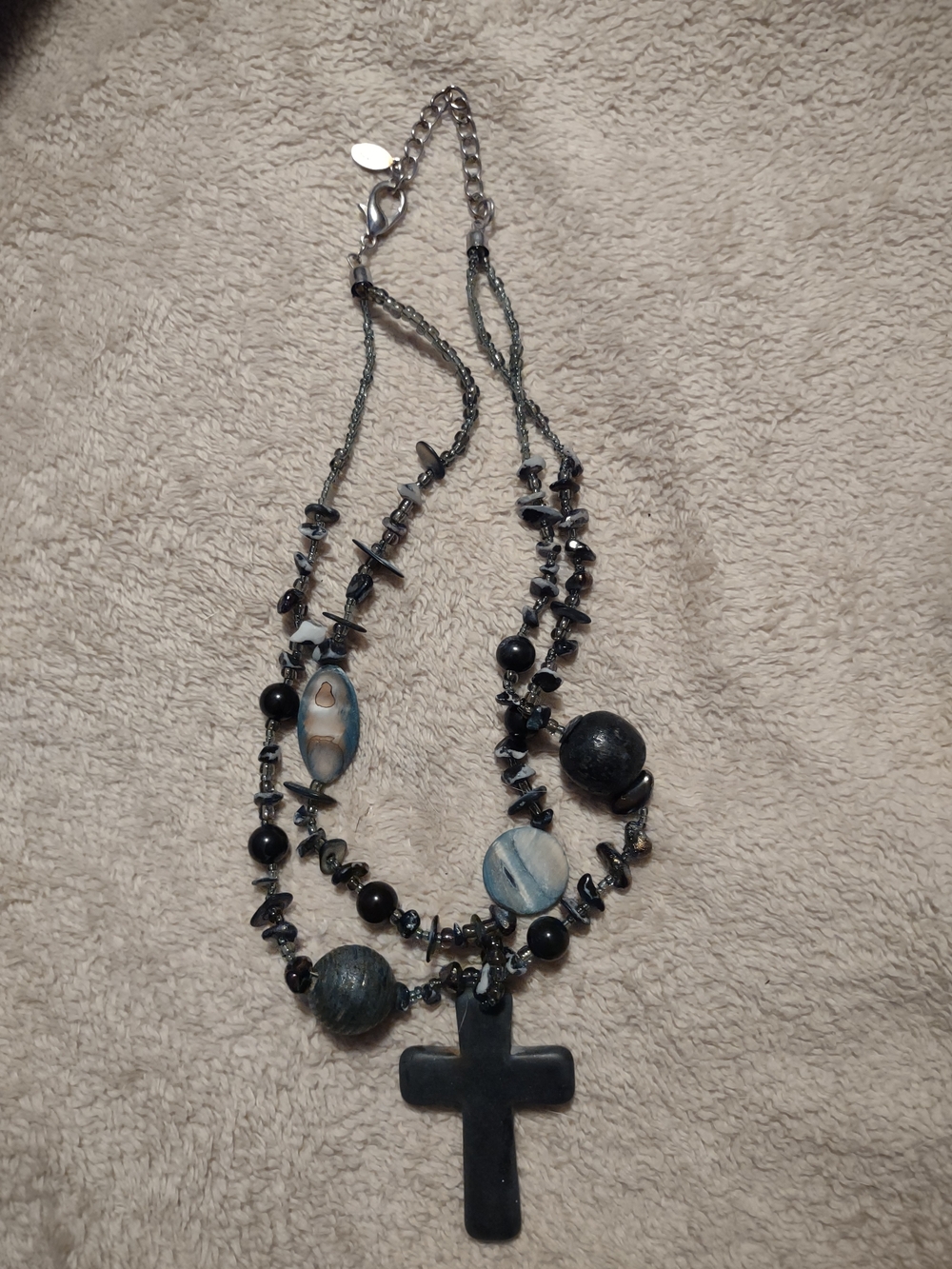 Blue Bead Layered Cross Necklace - Casual Statement